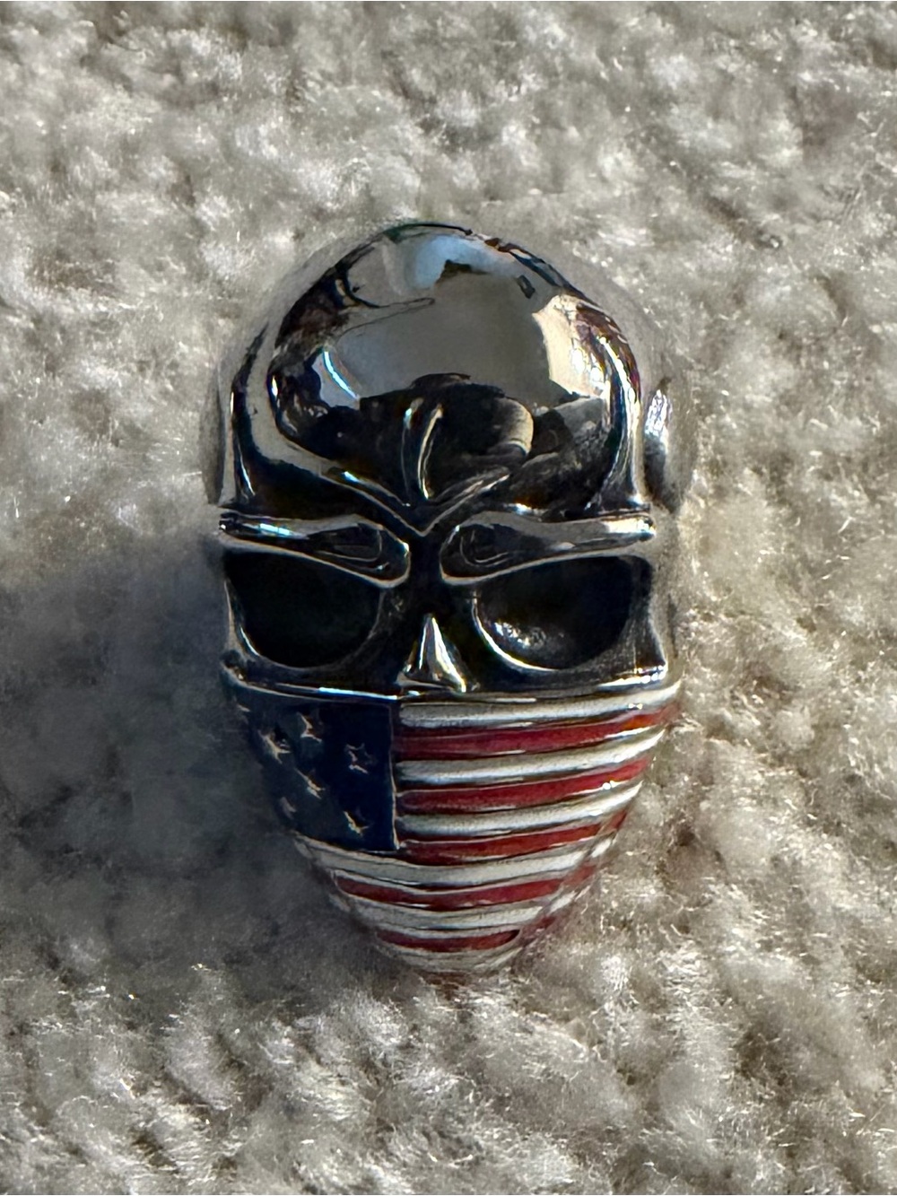 Men's Skull Ring with American Flag Face Mask in Silver and Red/Blue Enamel